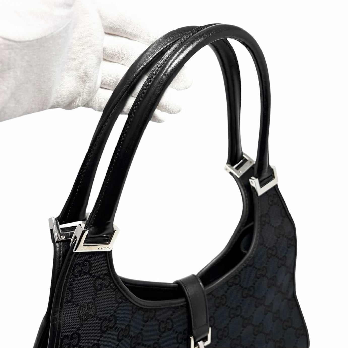GUCCI Vintage GG Monogram Logo Jackie Shoulder Bag Black Silver Canvas 902251