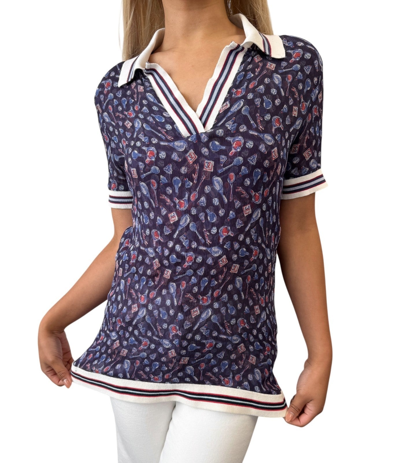 CHANEL Sport Vintage 06P Polo Shirt Top #34 Blue White Silk V-Neck Tennis