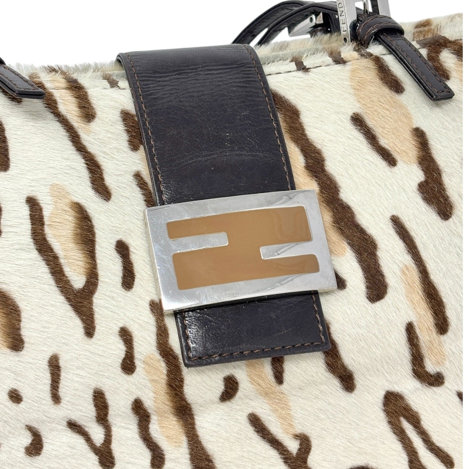 FENDI Vintage FF Logo Leopard Mamma Baguette Shoulder Bag Cream Brown Calf Hair