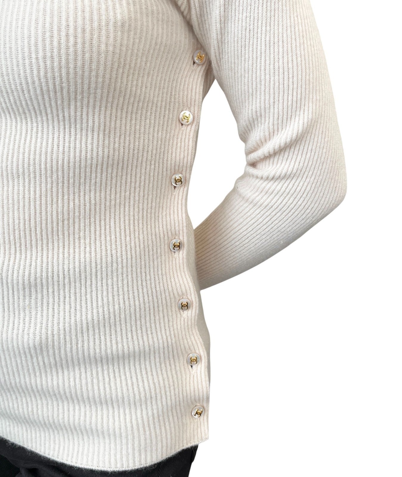 CHANEL Vintage CC Logo Button Rib Knit Cashmere Sweater Top #S Cream 106909