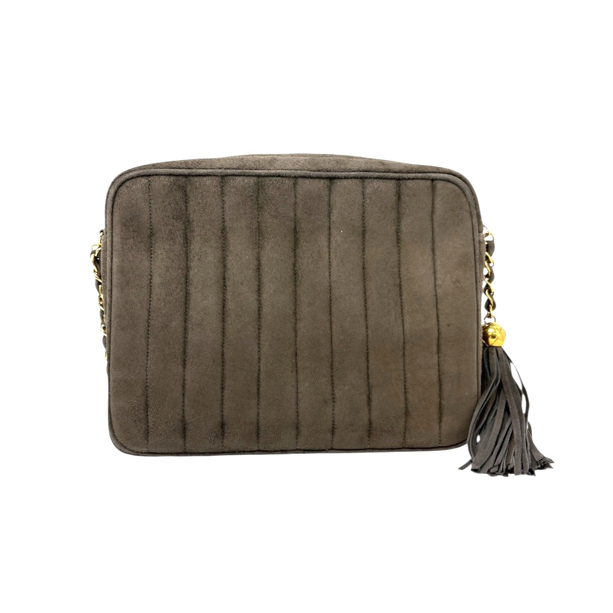 CHANEL Vintage CC Logo Quilted Fringe Chain Shoulder Bag Khaki Gold Suede