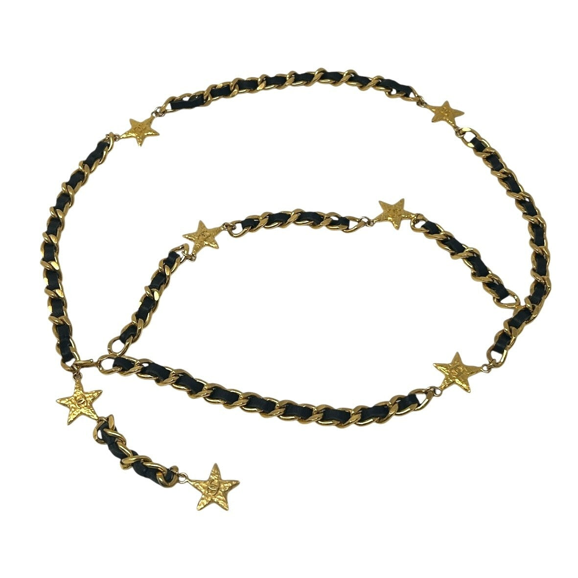 CHANEL Vintage 95A CC Logo Chain Belt Gold Black Leather Metal Star Accessory