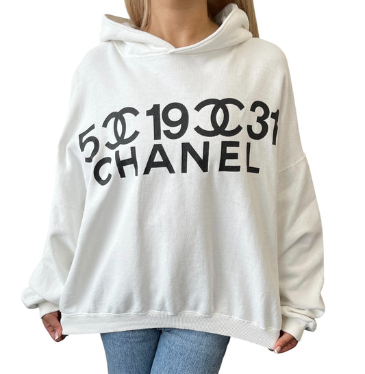 CHANEL Vintage CC Mark Logo Hoodie Sweatshirt Pullover Top White Black Cotton