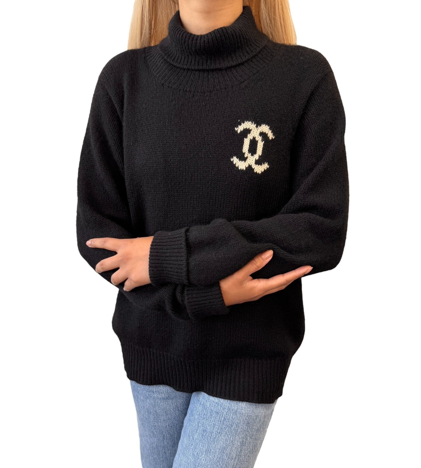 CHANEL Vintage Big CC Logo Knit Sweater Turtleneck Top Black White Cashmere