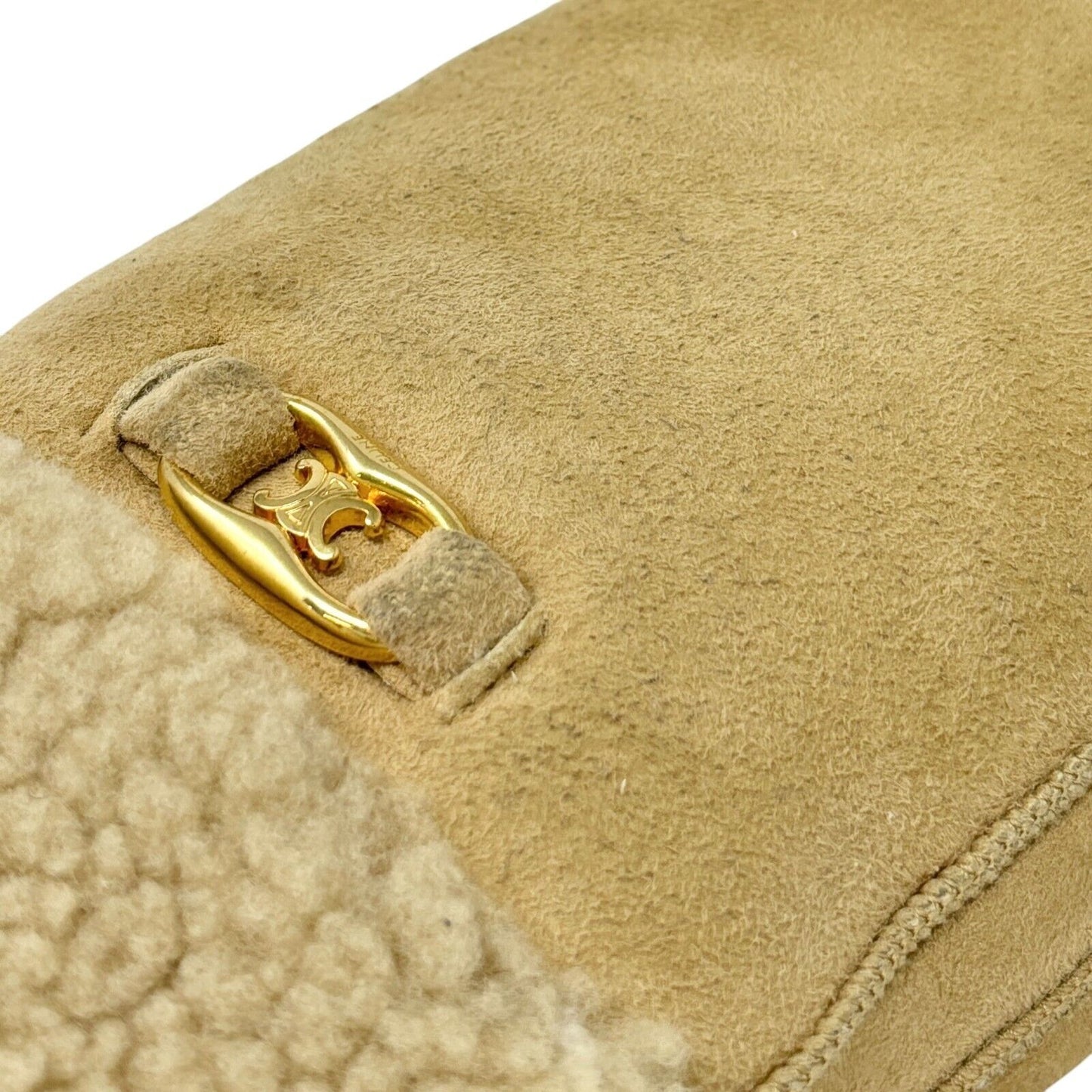 CELINE Vintage Macadam Logo Mouton Gloves Mittens Beige Gold Leather