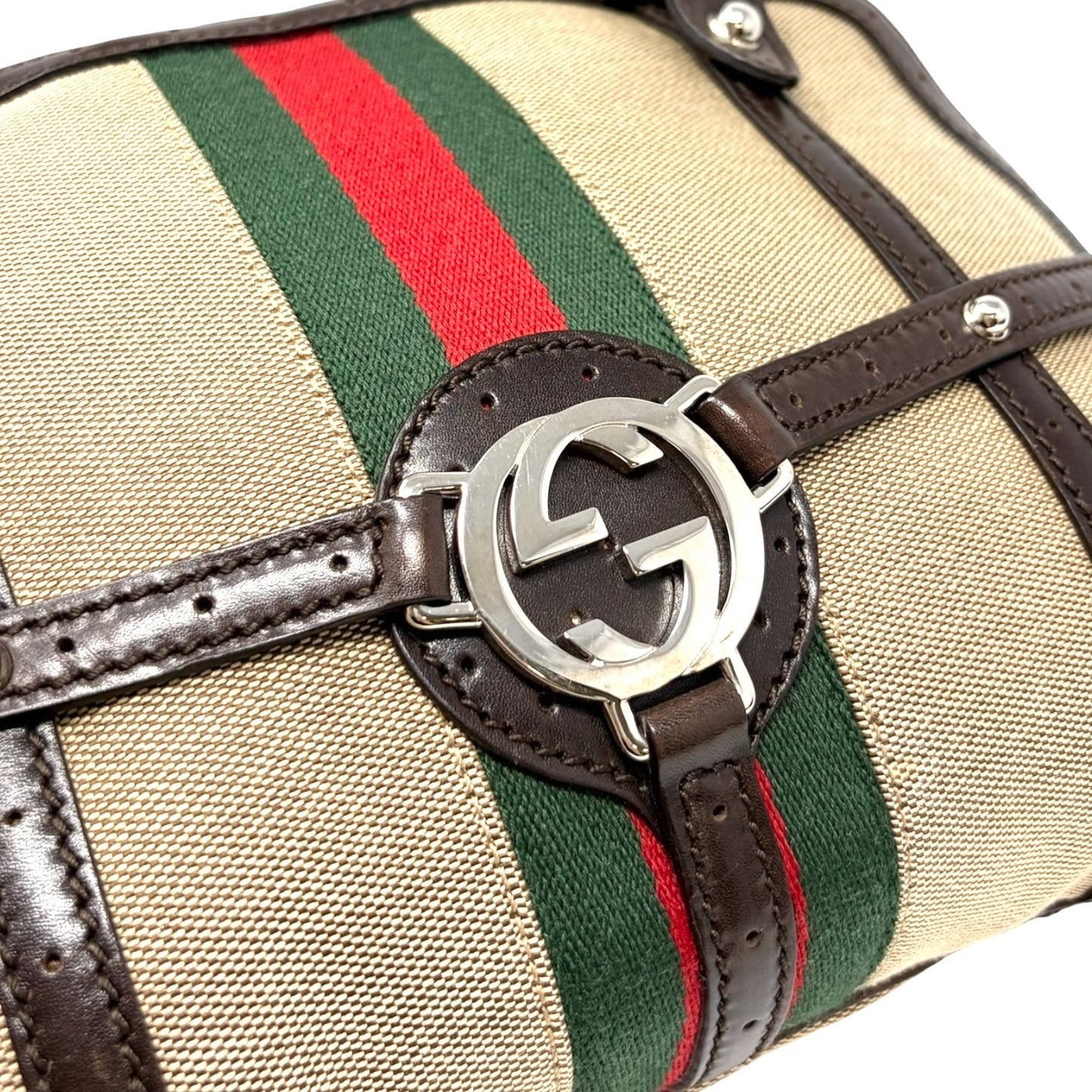 GUCCI Vintage GG Interlocking Web Stripe Canvas Shoulder Bag Beige Brown 901803