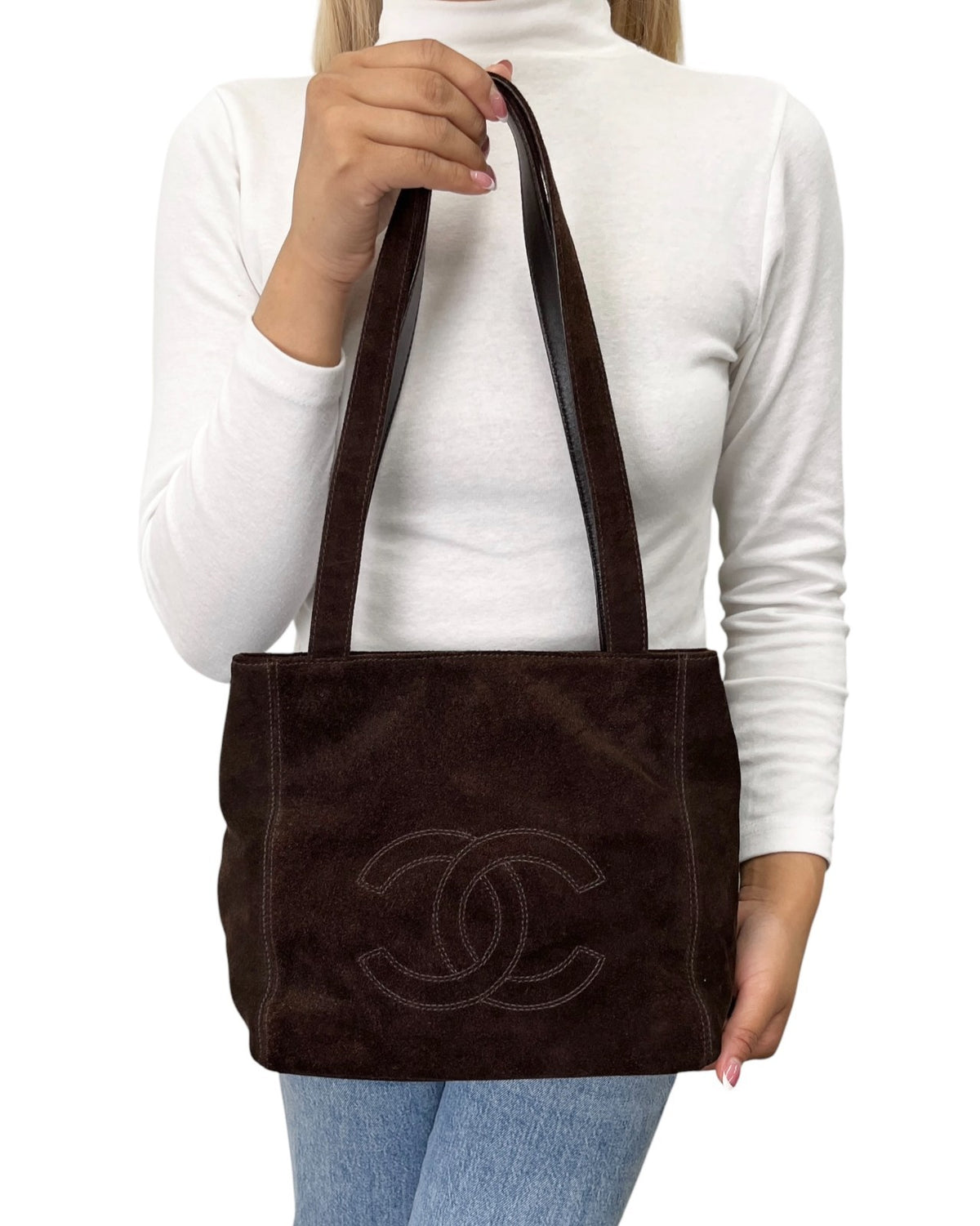 CHANEL Vintage Stitch CC Logo Suede Tote Shoulder Bag Dark Brown 902336