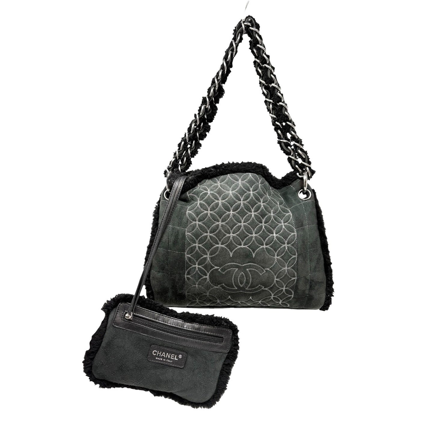CHANEL Vintage Shearling Fur Shoulder Bag Pouch Mouton Black Chain CC Suede
