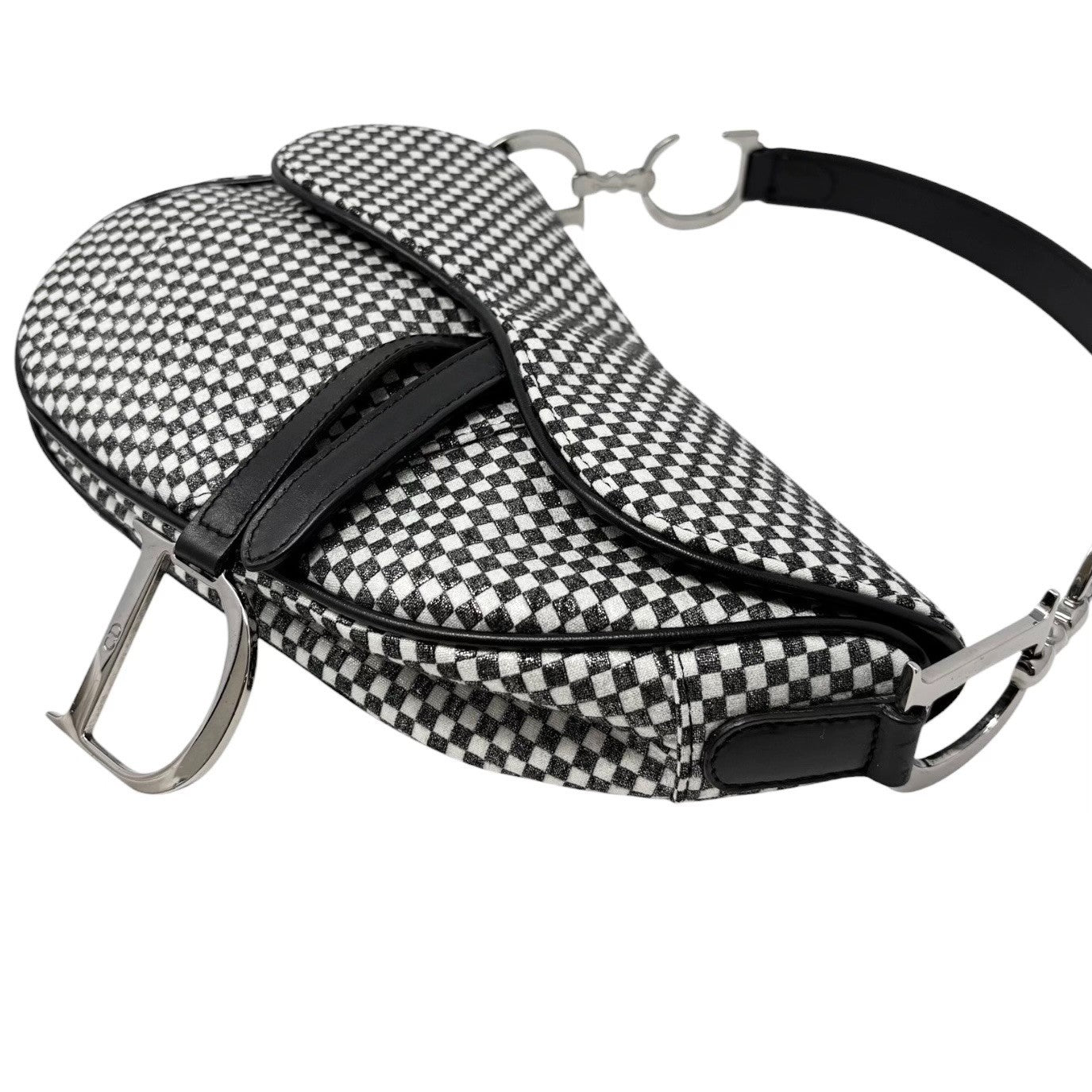 Christian Dior Vintage 2002 Checkered Glitter Saddle Bag Black Silver Cotton