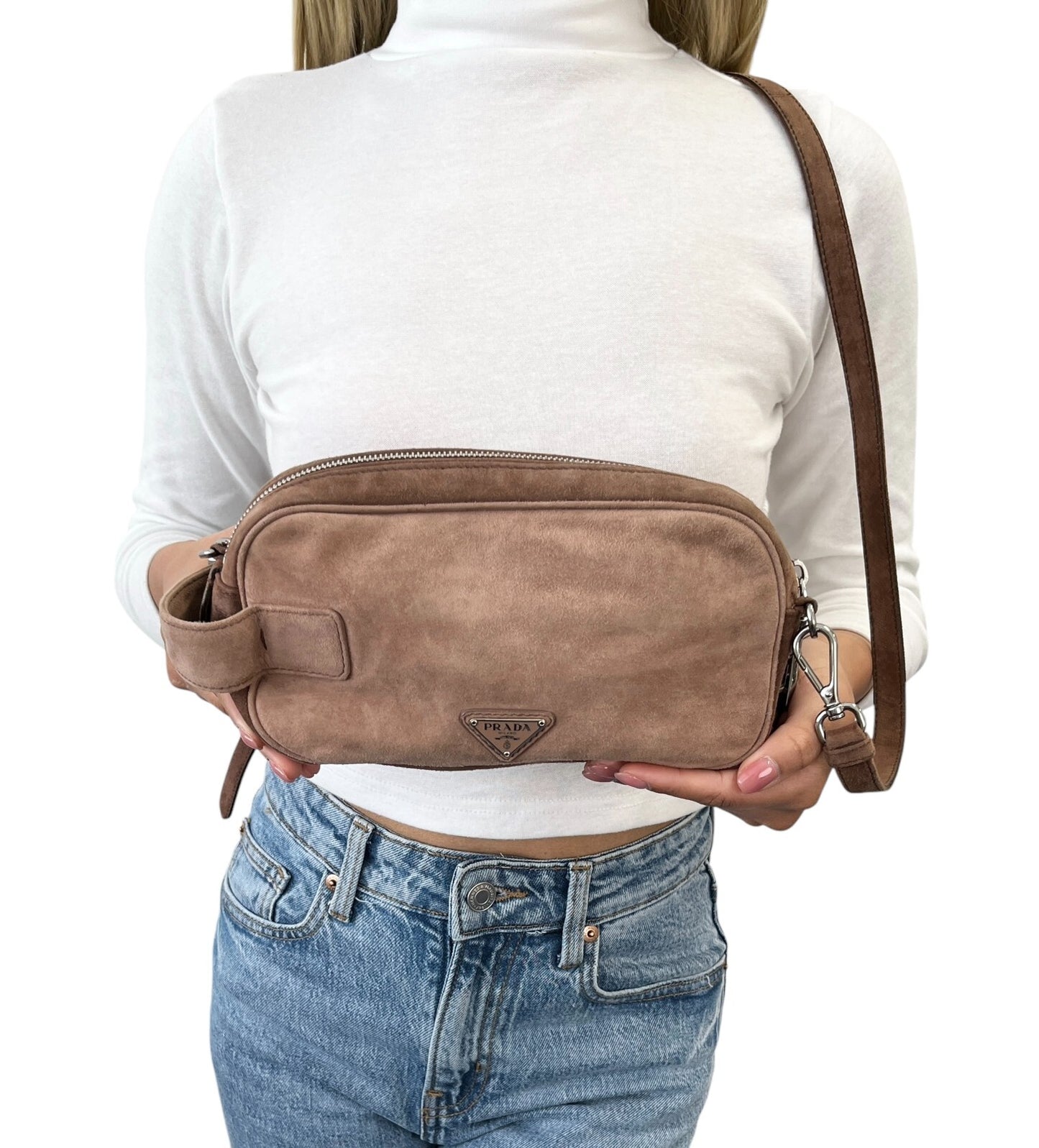 PRADA Vintage Logo 2way Crossbody Bag Clutch Pochette Mocha Brown Suede Zip
