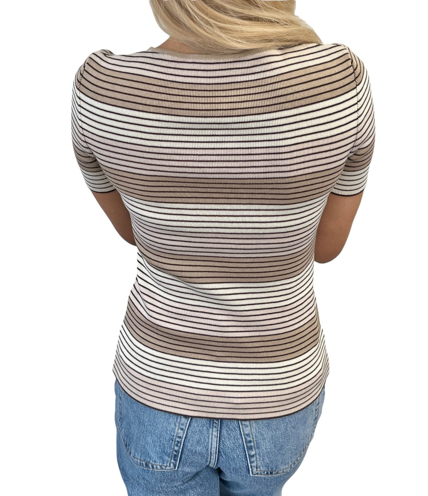 CHANEL Vintage 98P CC Mark Logo Stripe Knit T-shirt Top #44 Beige Brown Pullover