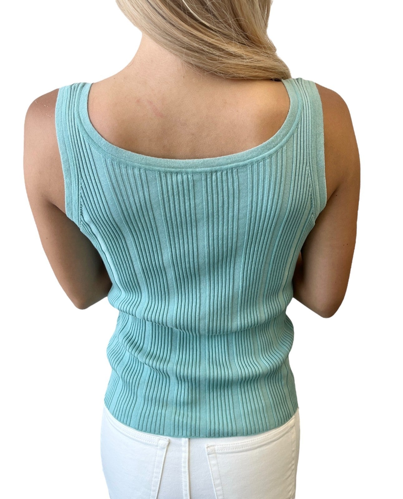 CHANEL Vintage 07P CC Mark Logo Rib Knit Tank Top #34 Turquoise Blue Cotton