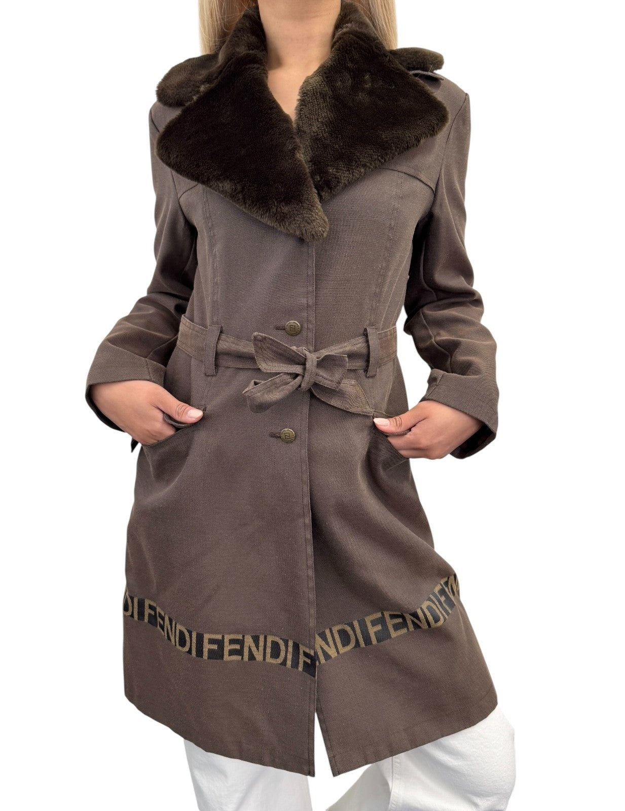 FENDI Vintage FF Logo Fur Belted Long Trench Coat Jacket #38 Brown Black