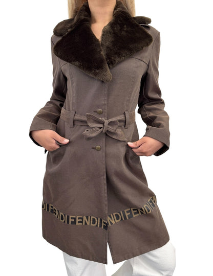 FENDI Vintage FF Logo Fur Belted Long Trench Coat Jacket #38 Brown Black