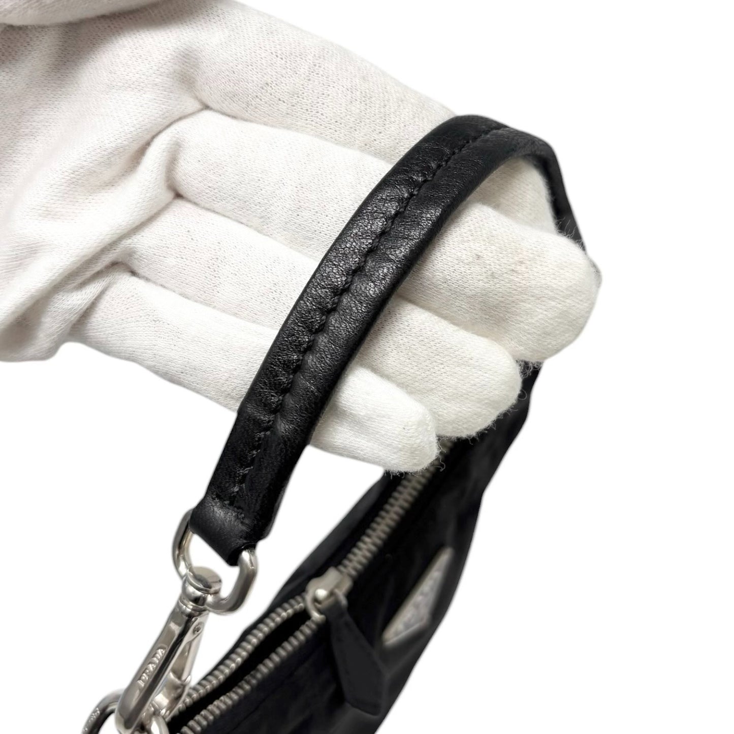 PRADA Vintage Triangle Logo Tessuto Nylon Mini Bag Pouch Black Silver Leather