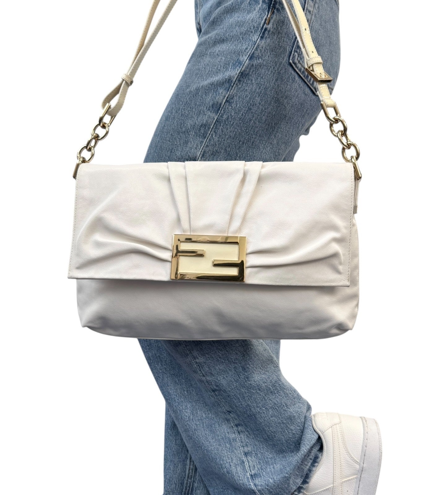 FENDI Vintage FF Logo Mia Mamma Flap Shoulder Bag White Gold Leather Cotton