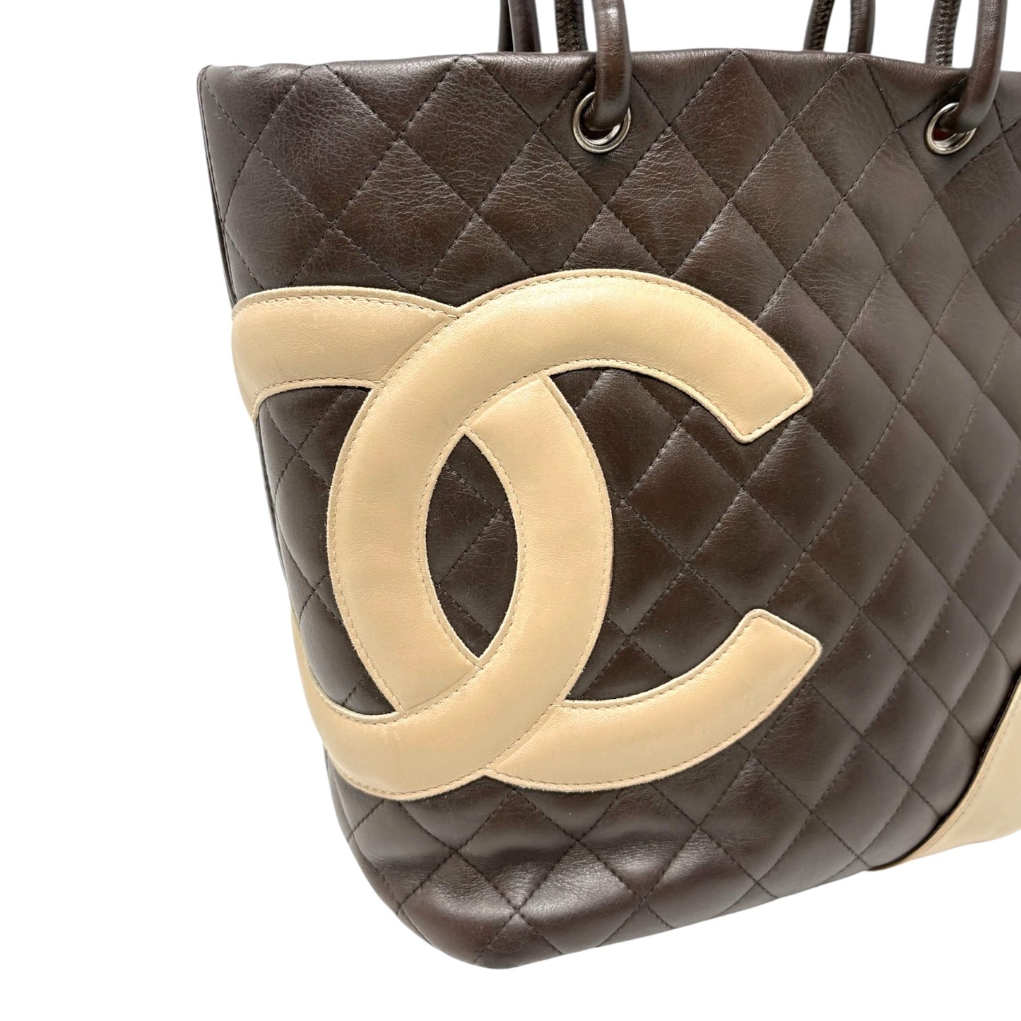 CHANEL Vintage Cambon Line CC Logo Quilted Tote Bag Brown Beige Leather 901900
