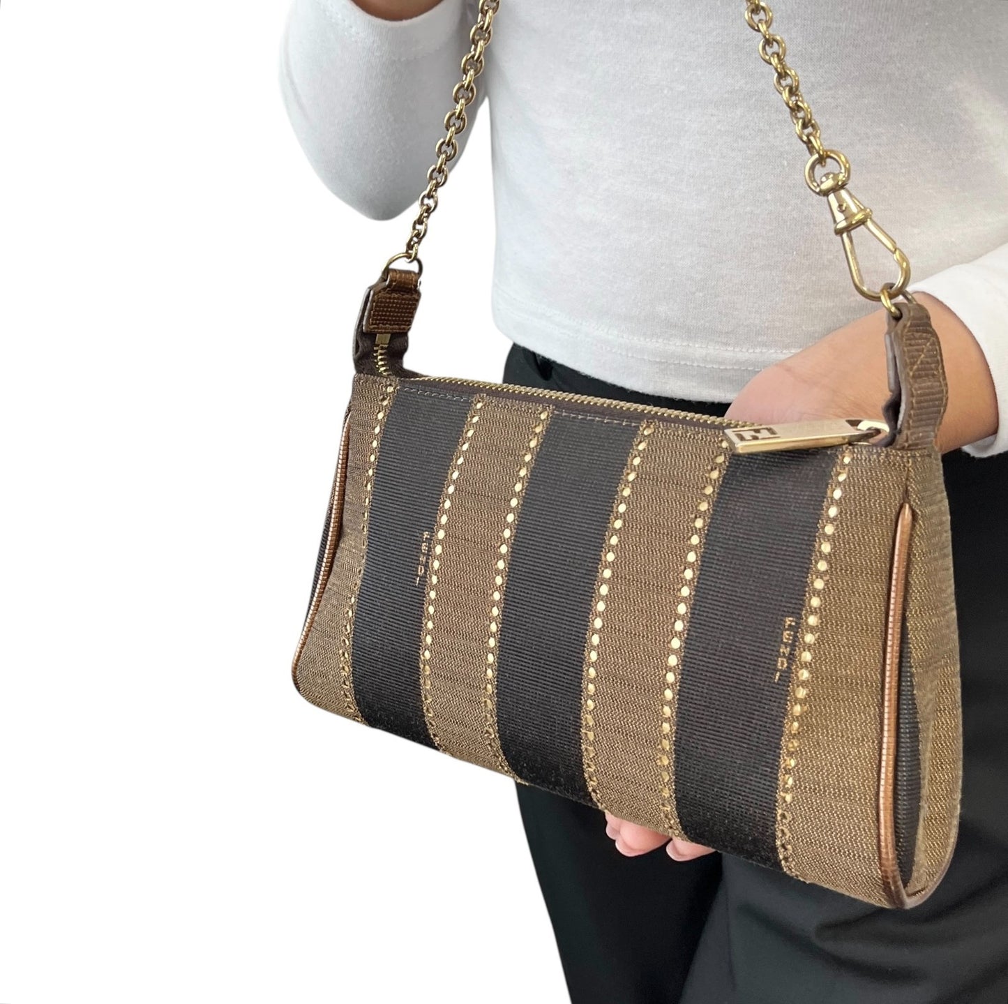 FENDI Vintage Logo Striped Canvas Shoulder Crossbody Bag Brown Black 2way Chain