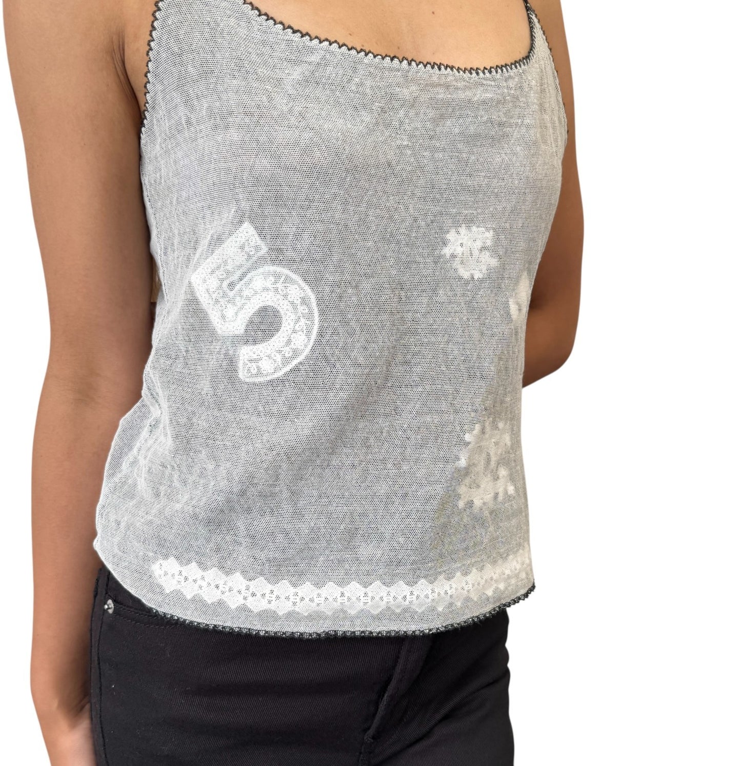 CHANEL Vintage 04P CC Logo No.5 Overlay Mesh Camisole Top #40 Gray Cotton Lace