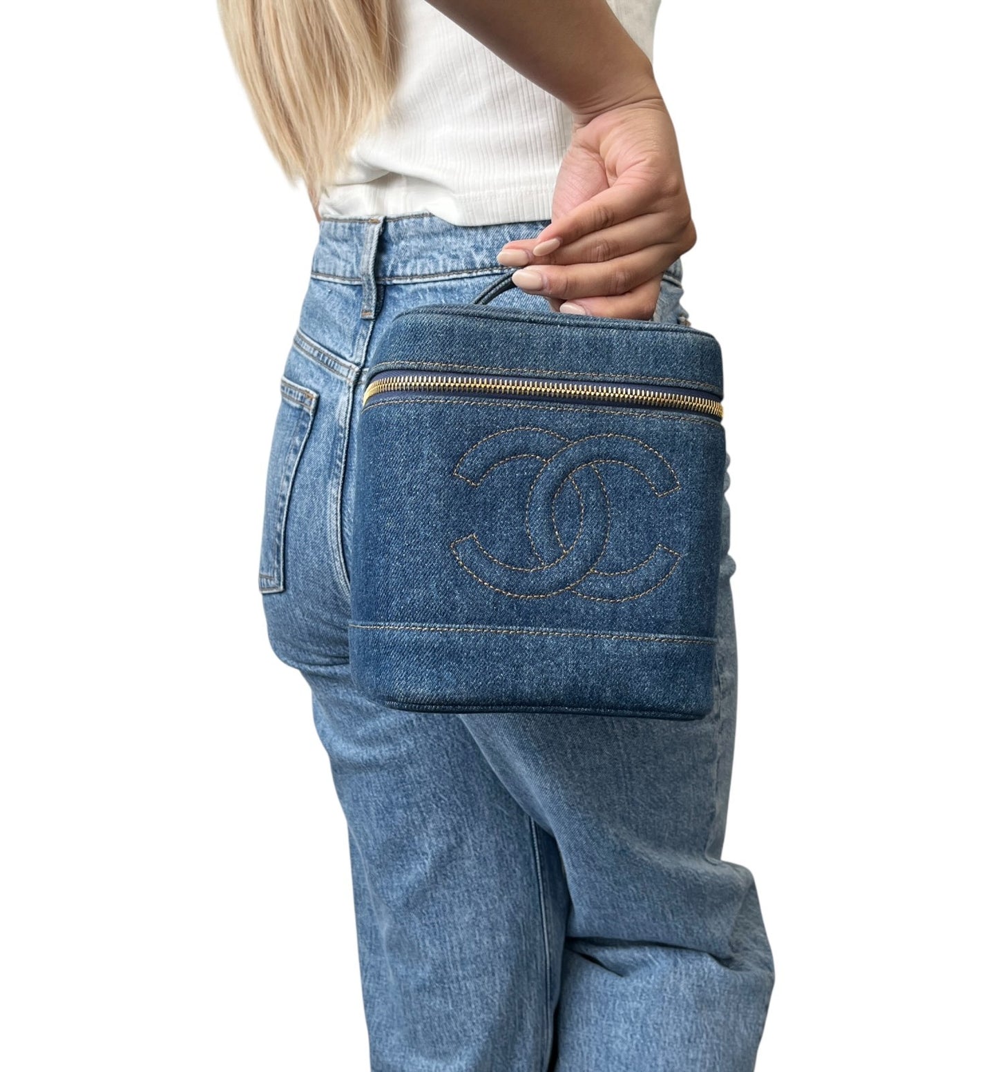 CHANEL Vintage CC Logo Denim Timeless Vanity Bag Handbag Blue Gold Cotton 902240