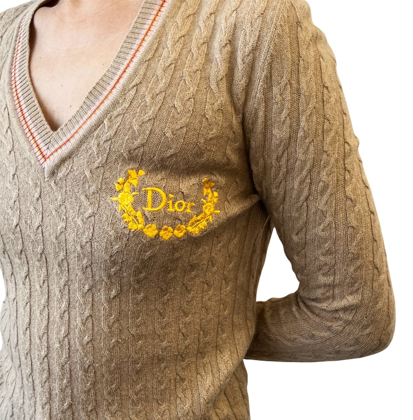 Christian Dior Vintage 2004 Logo Cashmere Knit Sweater Top #36 Beige 901996