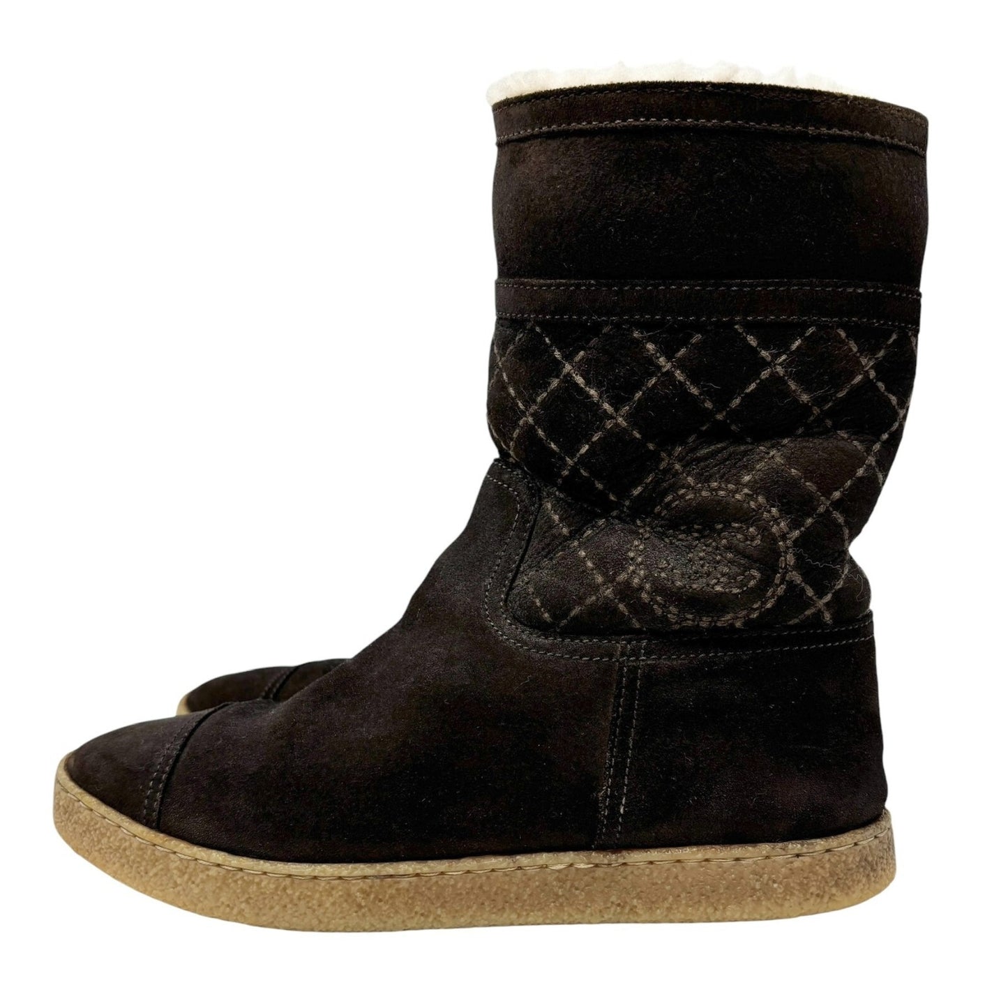 CHANEL Vintage CC Mark Logo Mid Calf Boots #39.5 Stitch Dark Brown Cream Suede
