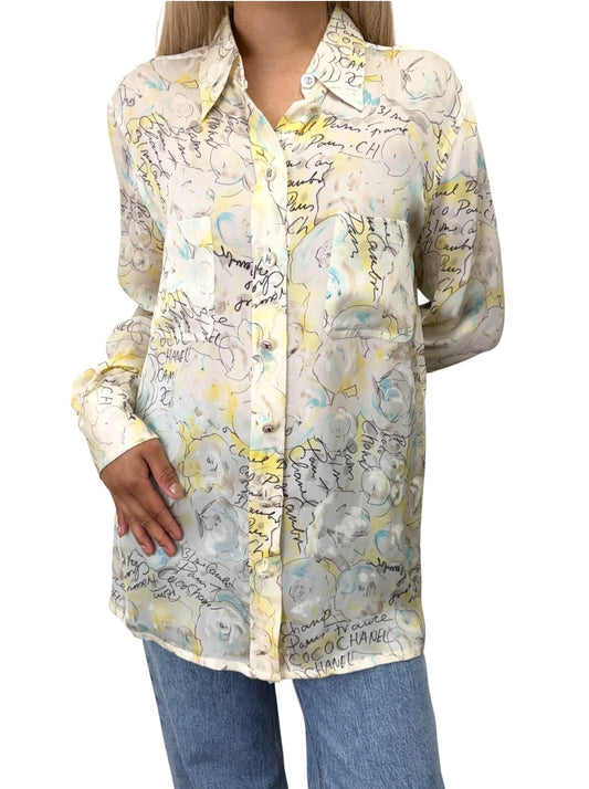 CHANEL Vintage 98C CC Logo Button Camellia Silk Shirt Top #38 Multicolor 902917
