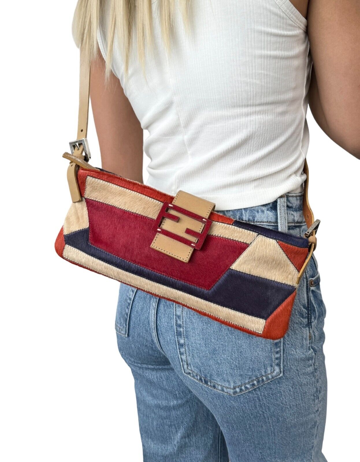 FENDI Vintage FF Logo Crossbody Bag Shoulder Bag Multicolor Calf Hair Rank AB