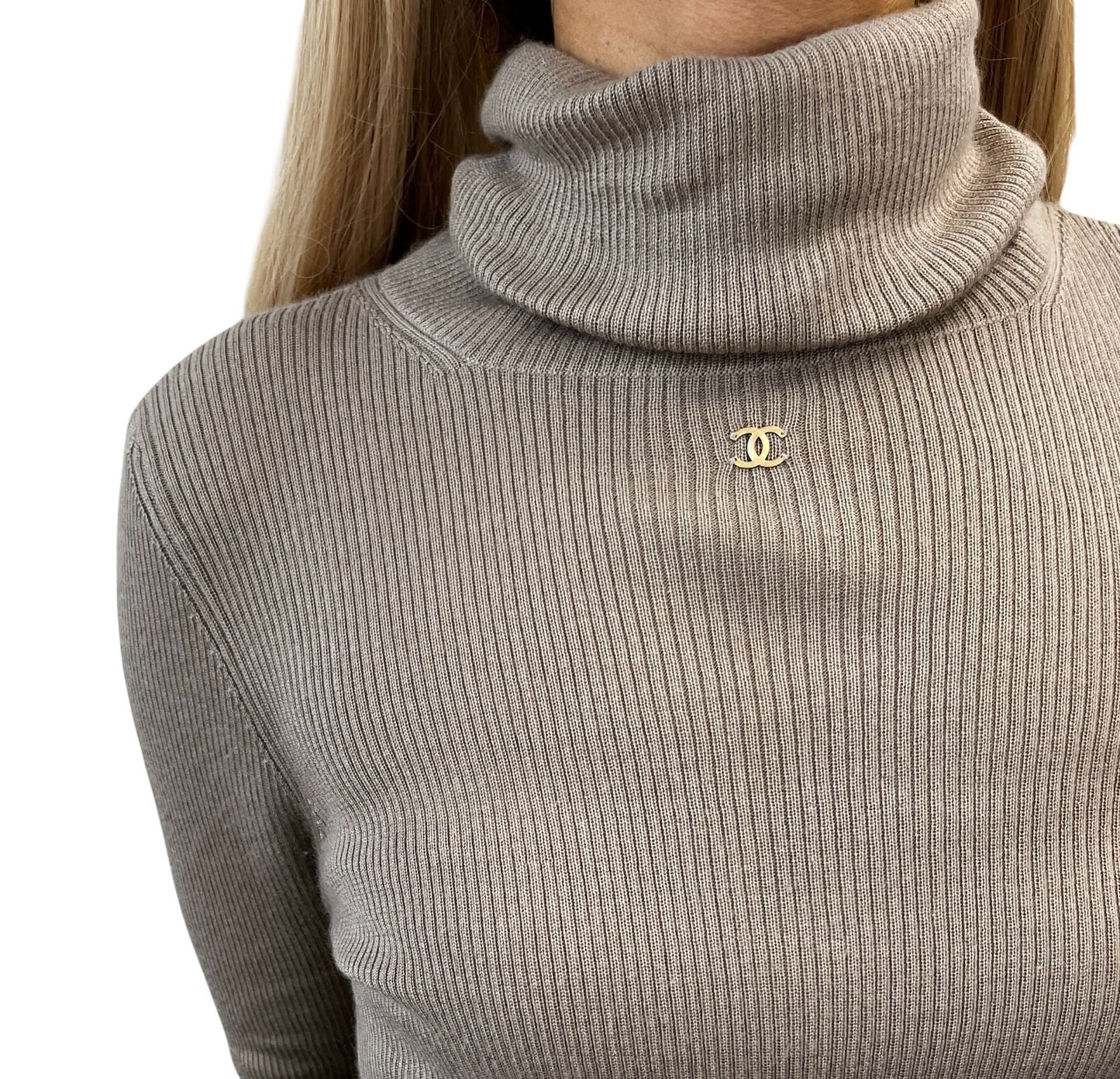 CHANEL Vintage 00A CC Logo Rib Knit Sweater Top #42 Beige Cashmere Silk 902082