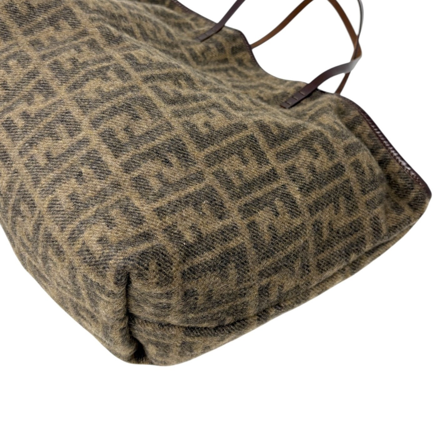 FENDI Vintage Zucca Monogram Knit Wool Tote Shoulder Bag Leather Pouch Brown