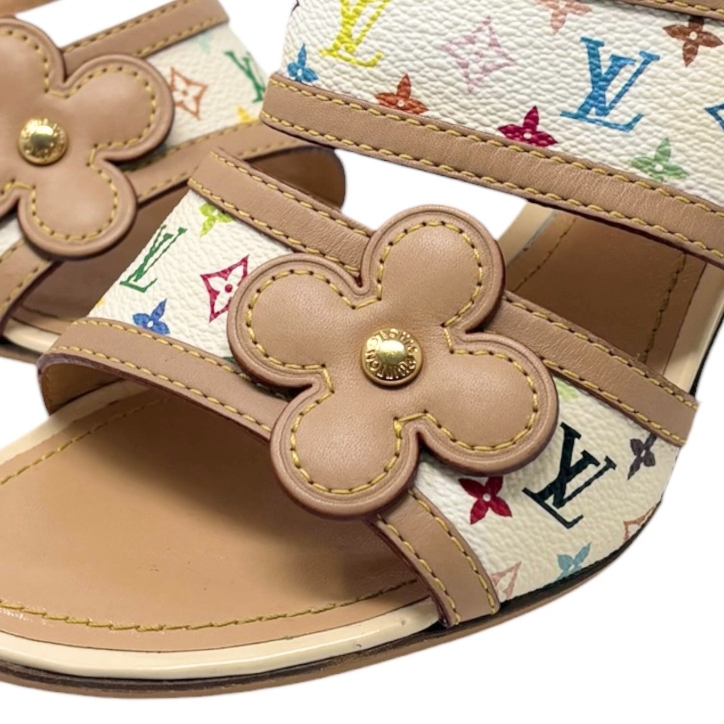 LOUIS VUITTON Vintage Monogram Multicolor Flower Sandals Heels #37 White 902261
