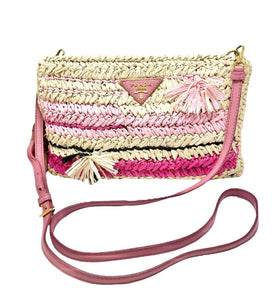 PRADA Vintage Logo Raffia Shoulder Bag Crossbody Zip Pink Cream Polyurethane