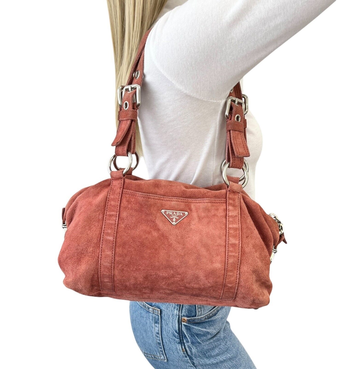 PRADA Vintage Logo Shoulder Bag Tote Red Brown Silver Handbag Suede Zip