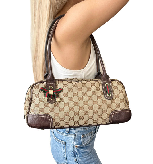 GUCCI Vintage GG Monogram Web Stripe Shoulder Bag Beige Canvas Ribbon 902051
