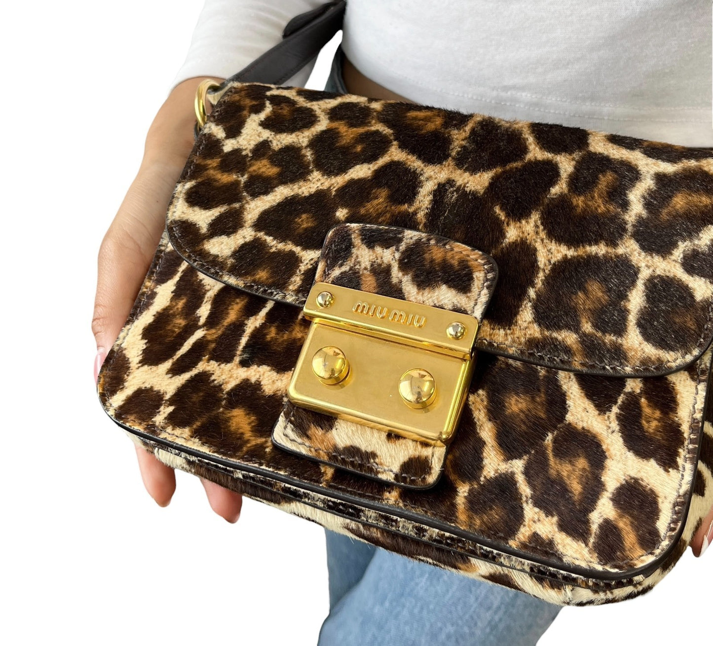 miumiu Vintage Leopard Pony Calf Hair Crossbody Bag Brown Gold Leather 902218