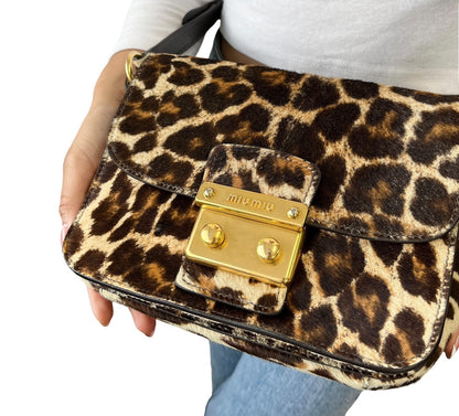 miumiu Vintage Leopard Pony Calf Hair Crossbody Bag Brown Gold Leather 902218