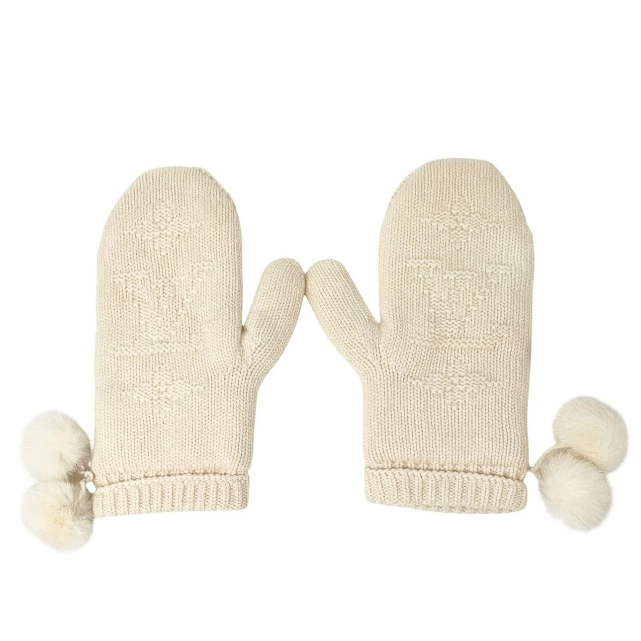 LOUIS VUITTON Vintage LV Logo Knit Gloves Mink Pompons Cream Cashmere