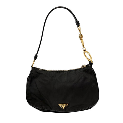 PRADA Vintage Mini Shoulder Nylon Bag Handbag Pochette Black Gold Logo