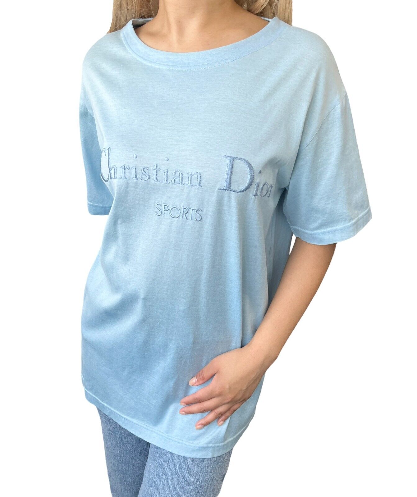 Christian Dior Sports Vintage Big Logo T-shirt #M Top Light Blue Cotton RankAB