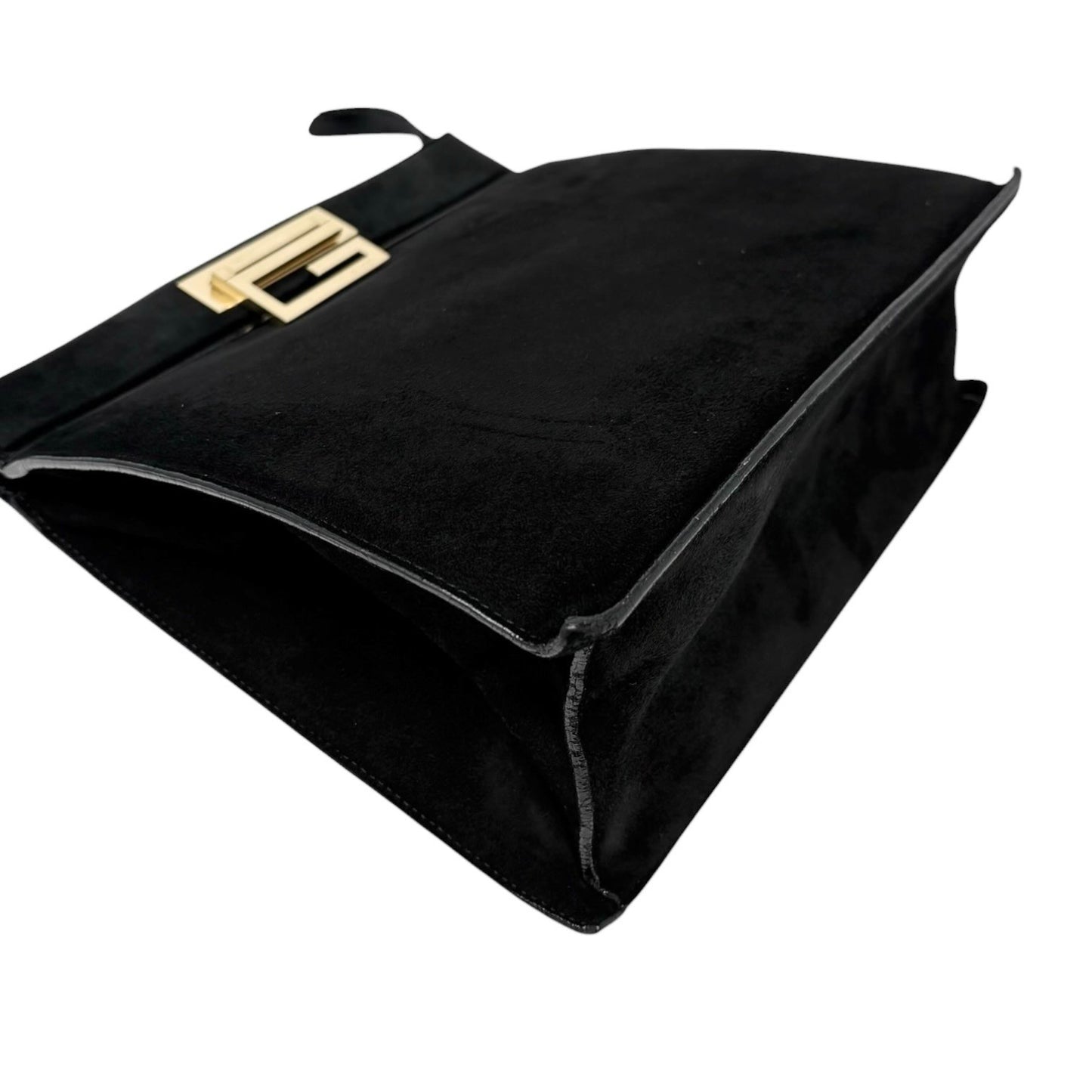 GUCCI Vintage G Square Logo Shoulder Bag Handbag Black Gold Suede Leather 902582
