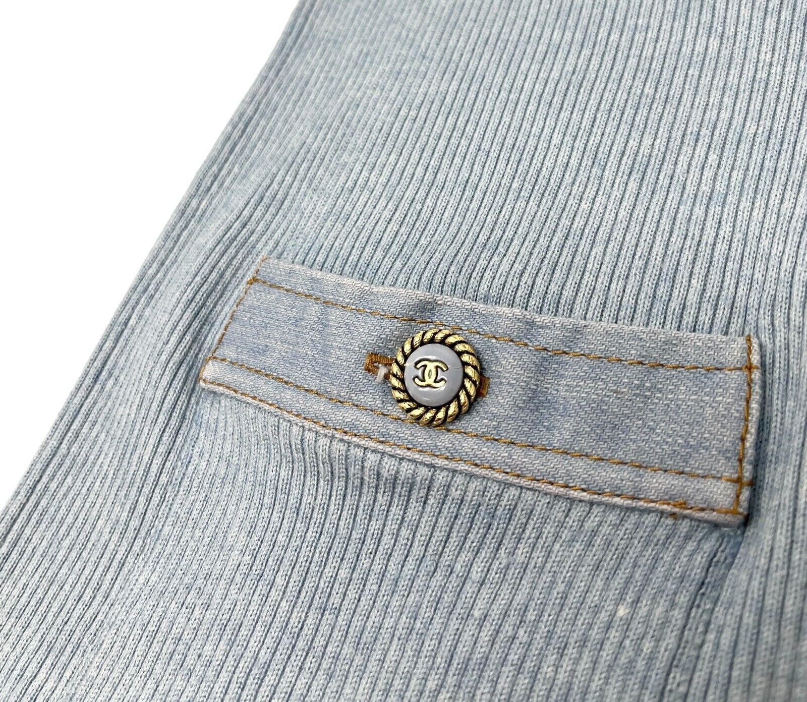 CHANEL Vintage CC Logo Rib Knit Vest Top Denim Light Blue Gold Cotton Rank AB