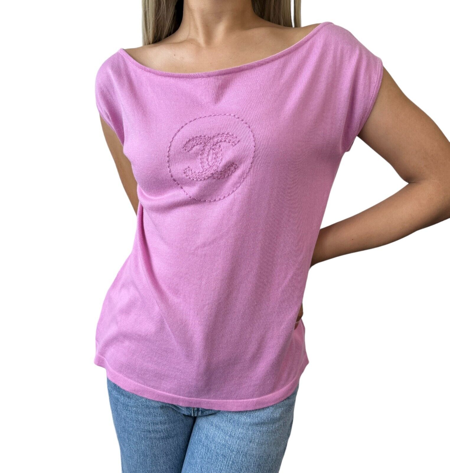 CHANEL Vintage 07P CC Summer Knit Circle Logo Top #36 Stitch Pink Cotton RankAB