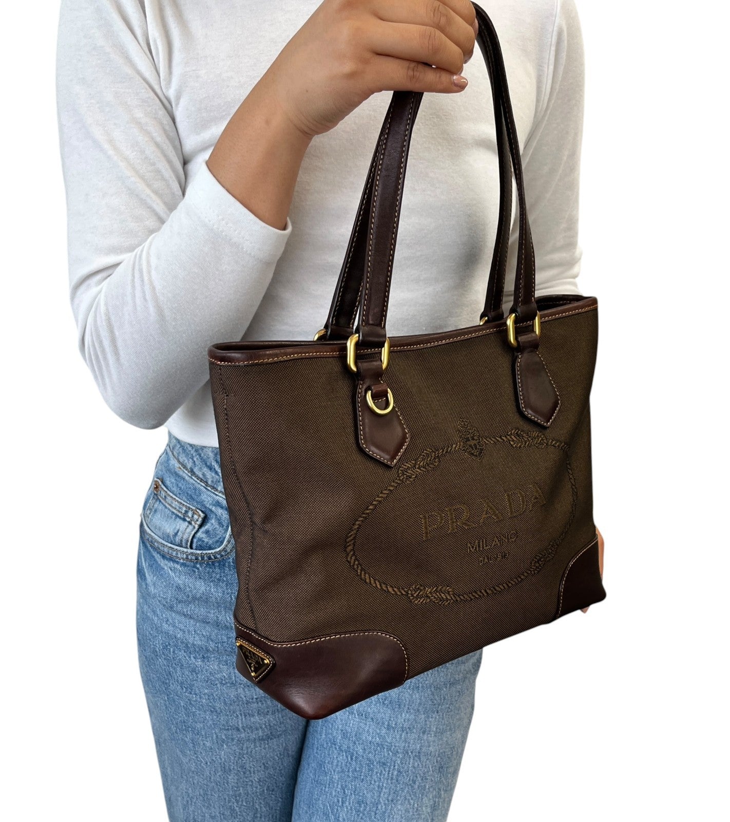 PRADA Vintage Triangle Logo Milano Jacquard Canvas Shoulder Tote Bag Brown Gold