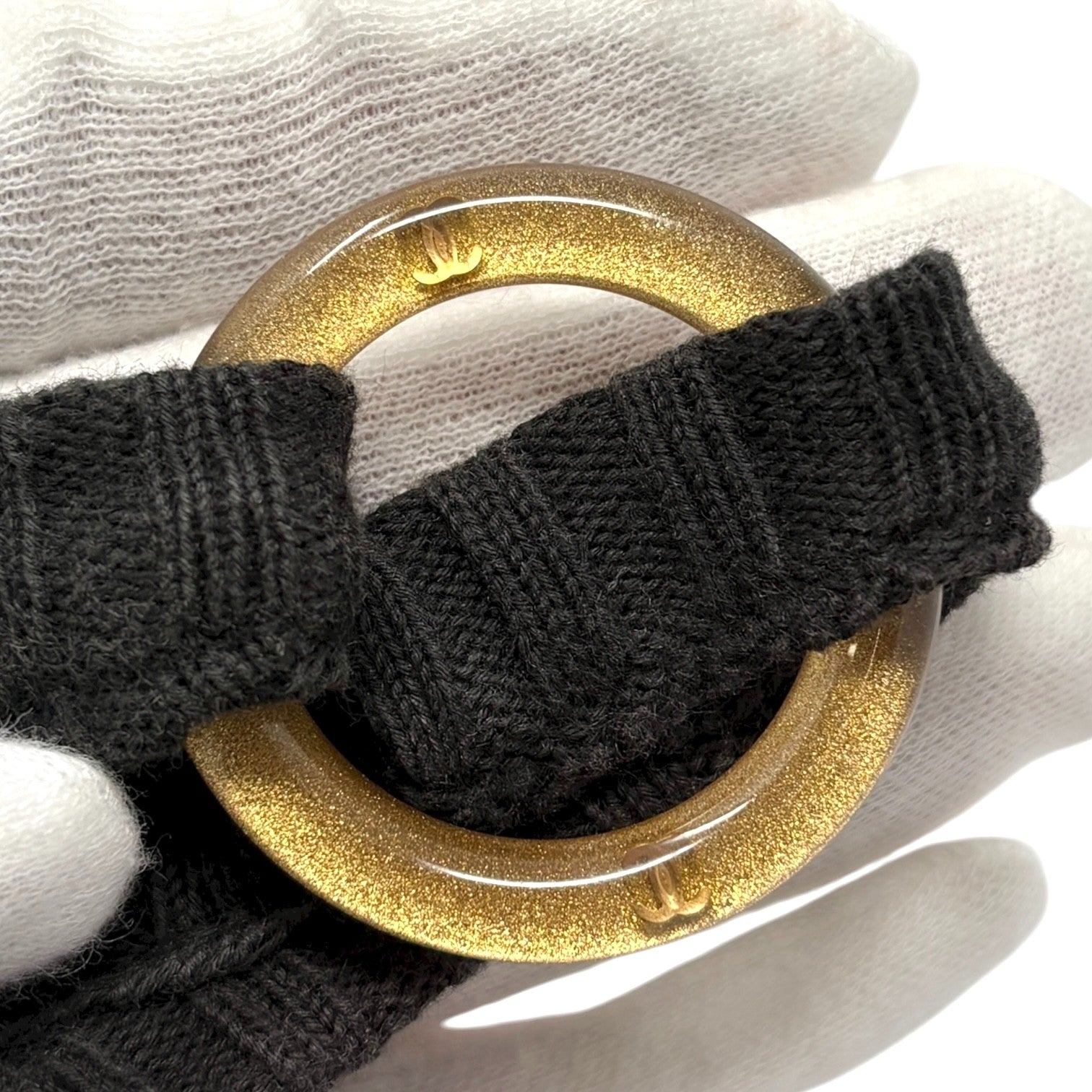 CHANEL Vintage 01C CC Mark Logo V-Neck knit Tank Top #40 Black Gold Cotton