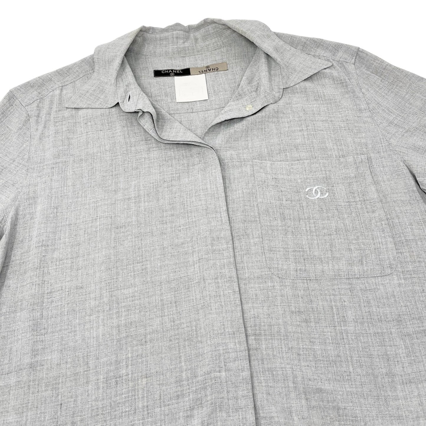 CHANEL Vintage 99P CC Logo Button Up Shirt #42 Blouse Top Pocket Gray Rayon