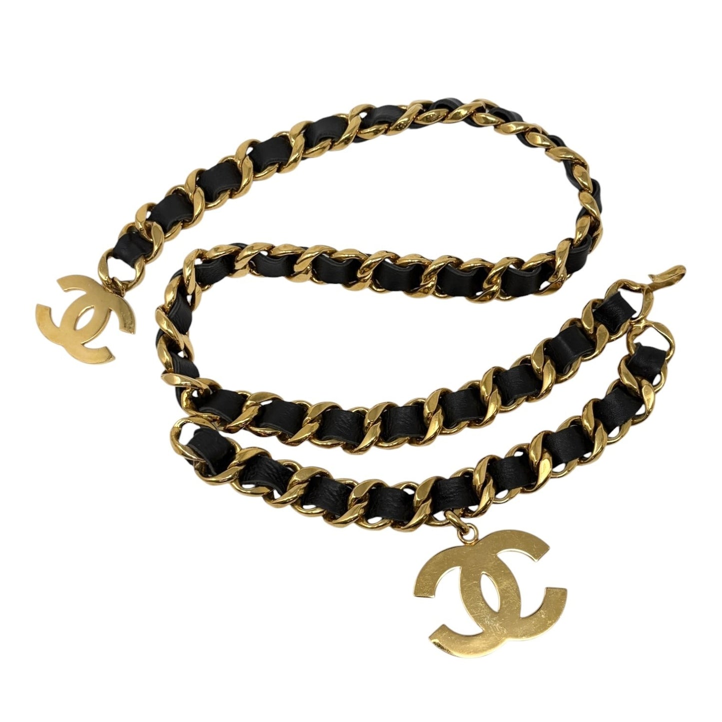 CHANEL Vintage 93A Double CC Logo Leather Chain Belt Black Gold Metal 902577