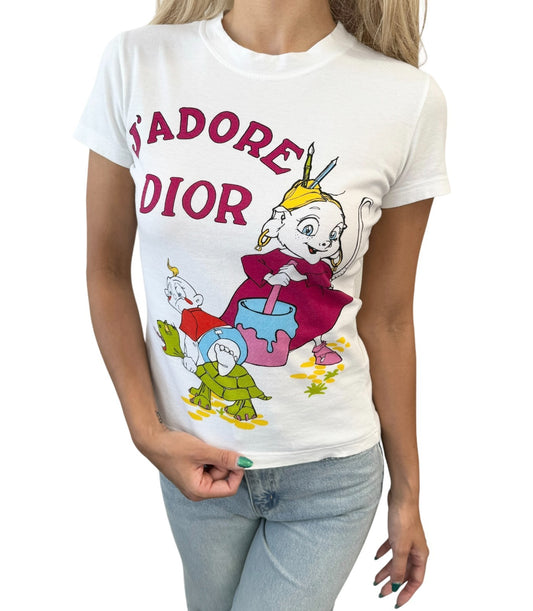 Christian Dior Vintage 2002 J'ADORE Logo Cartoon T-shirt Top #38 White 902451