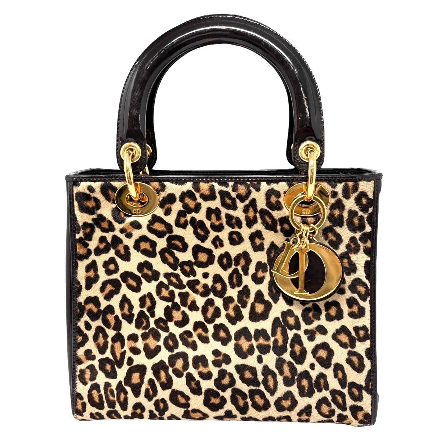 Christian Dior Vintage 2007 Lady Dior Pony Calf Hair Leopard Tote Bag Brown Gold