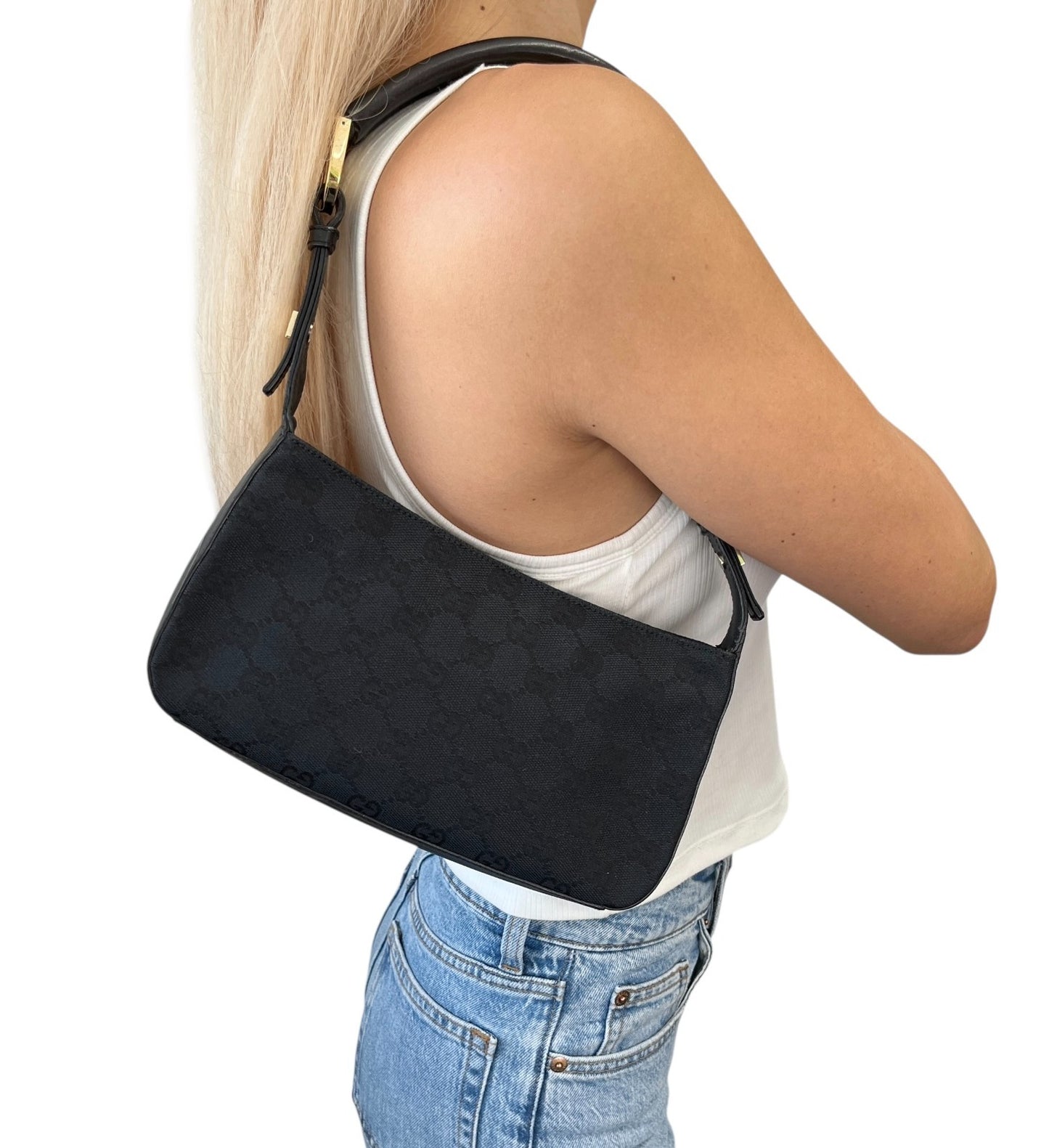 GUCCI Vintage GG Monogram Logo Canvas Pochette Mini Bag Dark Blue Gold Leather