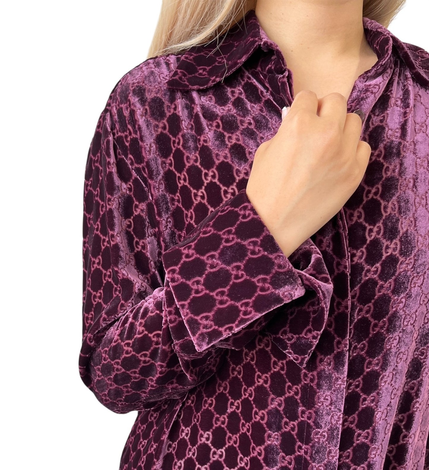 GUCCI Vintage GG Monogram Logo Velour Button Up Shirt Top Purple Silk